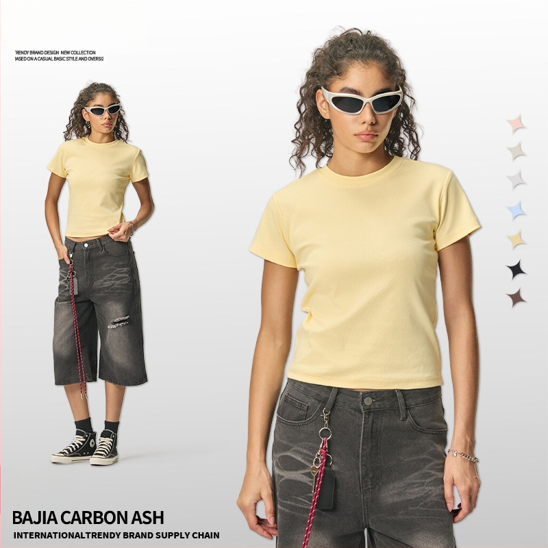 Ljetni crop-top u američkom stilu, kratki rukav, ženski slim-fit T-shirt jedne boje, 260 g