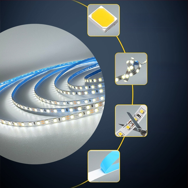 Niskonaponski 5 mm LED trak za vitrine supermarketima, duljina 1,12 m, 120 LED-ova, 12–24 V, 10 W/m, CRI ≥ 80, kut snopa 120°, dimabilan, nije vodootporan, ugrađeno osvjetljenje za kućnu dekoraciju