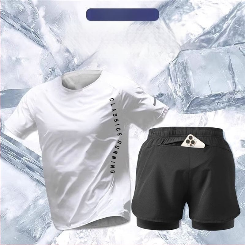 Muški ljetni sportski komplet za trčanje: kratki T‑shirt od ice-silk i lagane košarkaške trenirke