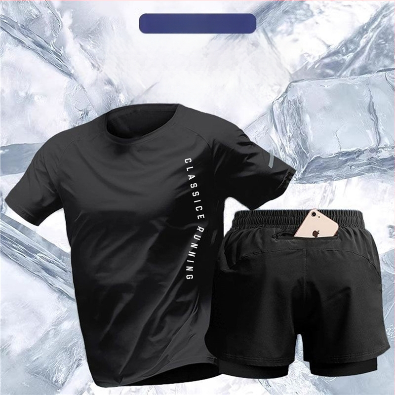 Muški ljetni sportski komplet za trčanje: kratki T‑shirt od ice-silk i lagane košarkaške trenirke