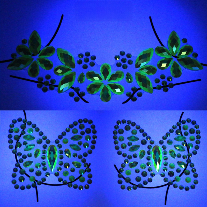 Set akrilnih tetovažnih naljepnica za vrat i prsa s dijamantnim ukrasima, luminescentne, jednokratne pokrivke za bradavice za zabave