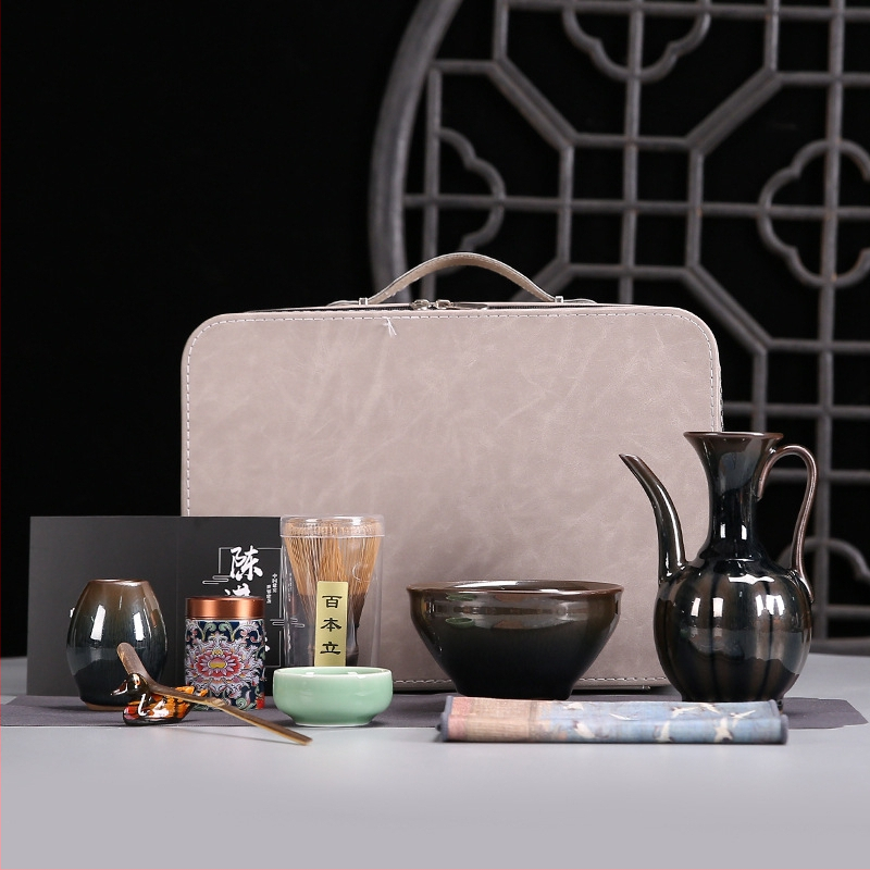 Set japonez Jianzhan pentru matcha, cu perie din bambus și boluri pentru ceremonia ceaiului