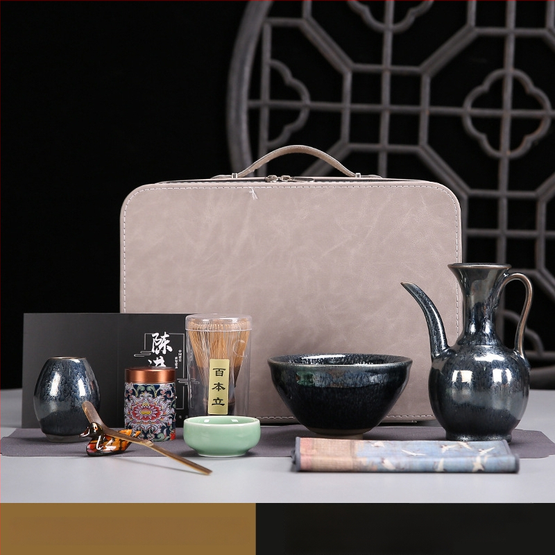 Set japonez Jianzhan pentru matcha, cu perie din bambus și boluri pentru ceremonia ceaiului