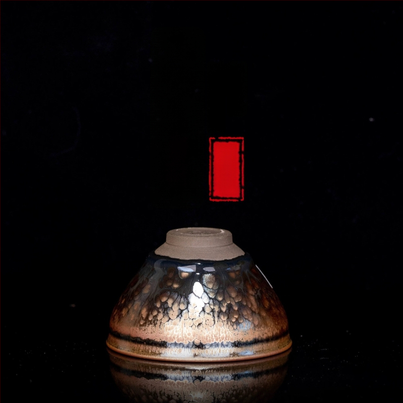 Ceșuță de ceai Tianmu Jianzhan, cu glazură Oil-Drop și ornament floral cu fața de jad