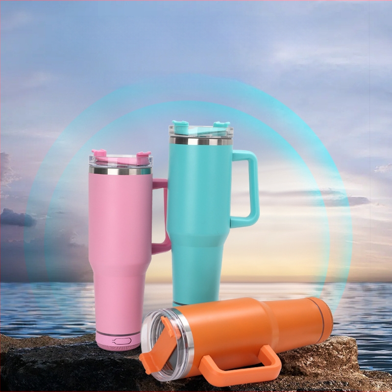 Pahar termos din oțel inoxidabil cu pereți dubli, 40oz, difuzor Bluetooth, pentru mașină, portabil