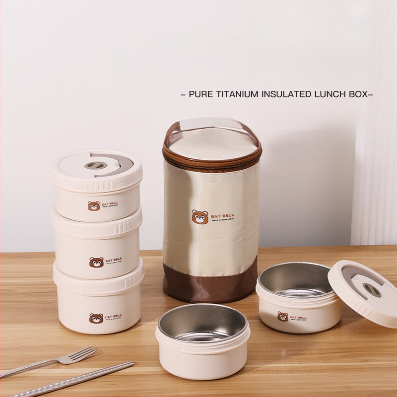 Lunch box od titana, okruglog oblika, četiri odjeljka, izoliran, jednostavan za čišćenje, kapacitet 301–500 ml, mikrovalna sigurnost, mogućnost prilagodbe logotipa, moderan minimalistički stil, prijenosno za vanjske potrebe