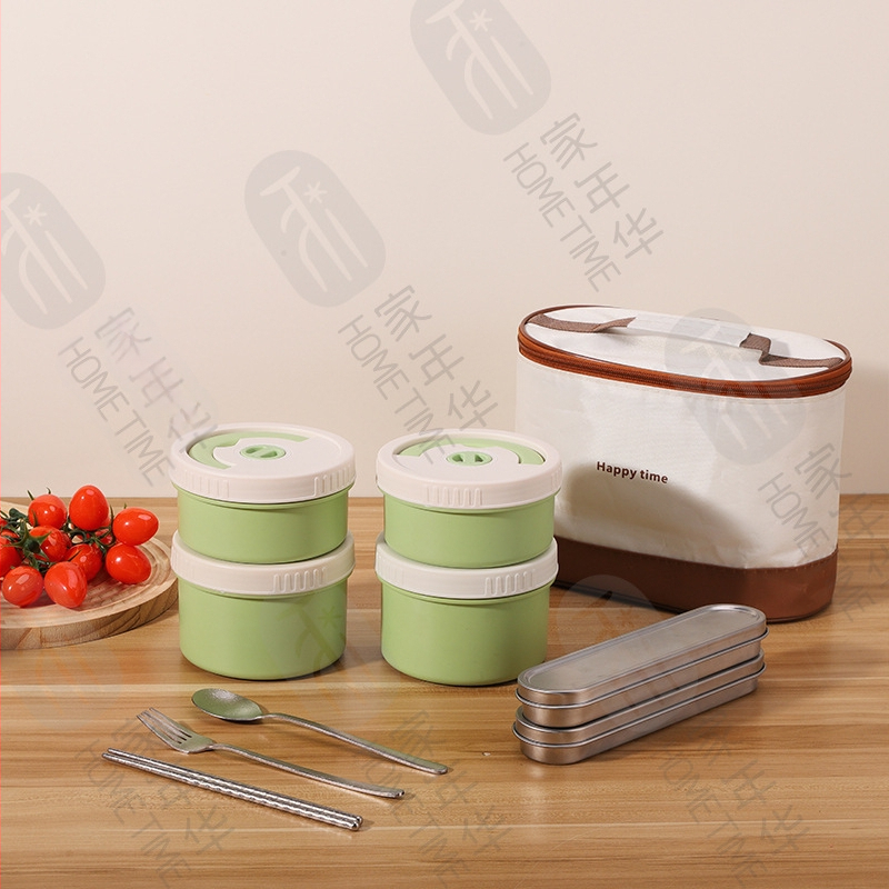 Lunch box od titana, okruglog oblika, četiri odjeljka, izoliran, jednostavan za čišćenje, kapacitet 301–500 ml, mikrovalna sigurnost, mogućnost prilagodbe logotipa, moderan minimalistički stil, prijenosno za vanjske potrebe