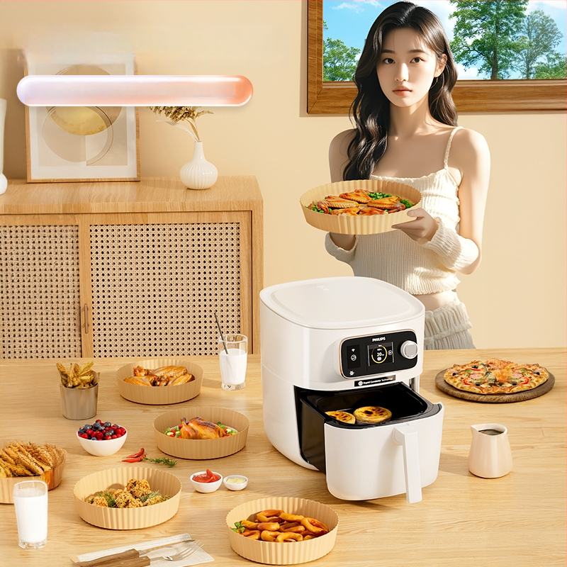 Tavă rotundă din hârtie pentru air fryer, hârtie de copt rezistentă la temperaturi înalte, absorbantă de ulei, cu acoperire din silicon