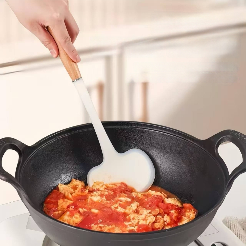 Spatulă de silicon cu mâner din lemn – mică, rezistentă la temperatură, antiaderentă