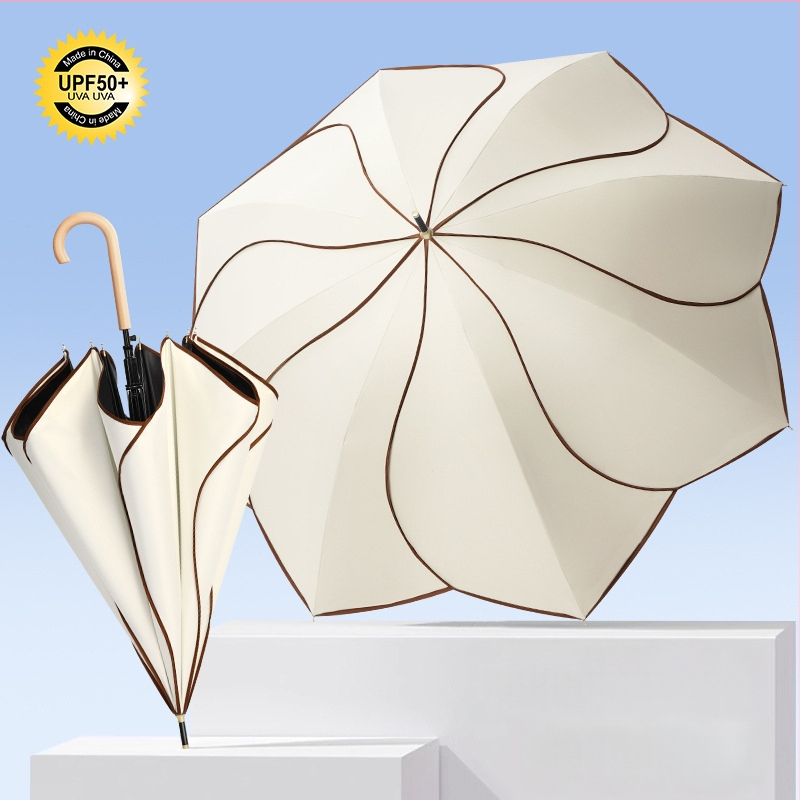 Umbrelă cu mâner din lemn curbat și design în formă de petale, cupă vinil, protecție UV UPF50+, pentru ploaie și soare, cadou promoțional