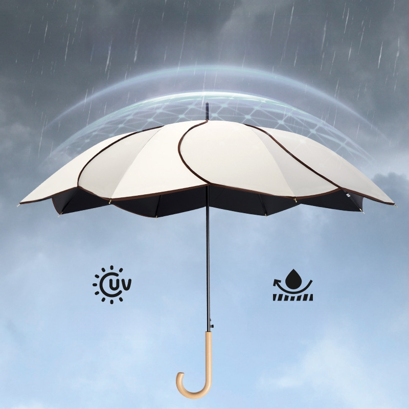 Umbrelă cu mâner din lemn curbat și design în formă de petale, cupă vinil, protecție UV UPF50+, pentru ploaie și soare, cadou promoțional