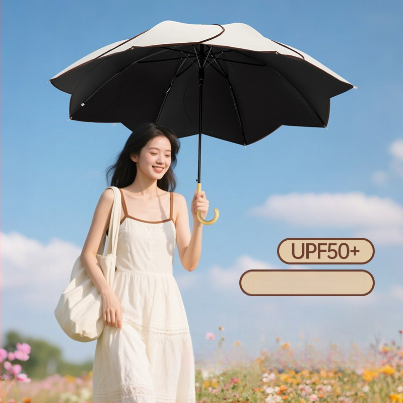 Umbrelă cu mâner din lemn curbat și design în formă de petale, cupă vinil, protecție UV UPF50+, pentru ploaie și soare, cadou promoțional
