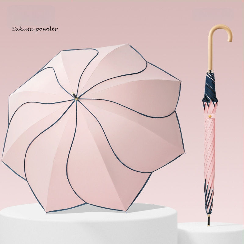Umbrelă cu mâner din lemn curbat și design în formă de petale, cupă vinil, protecție UV UPF50+, pentru ploaie și soare, cadou promoțional