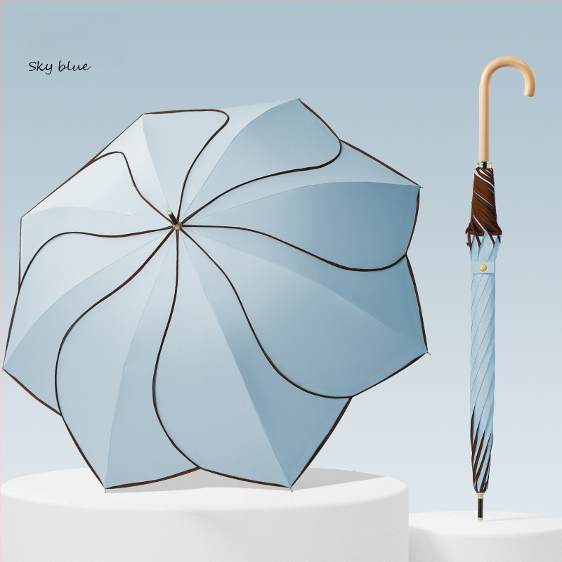 Umbrelă cu mâner din lemn curbat și design în formă de petale, cupă vinil, protecție UV UPF50+, pentru ploaie și soare, cadou promoțional