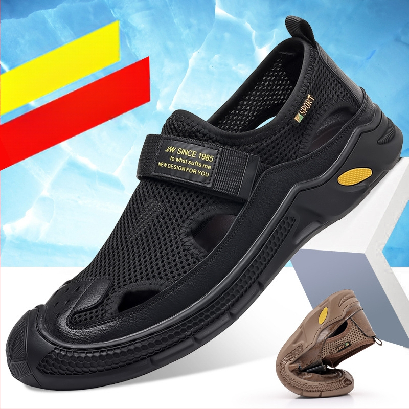 Sandale pentru bărbați din piele, cu plasă, lucrate manual, respirabile, închidere Velcro, vară 2026