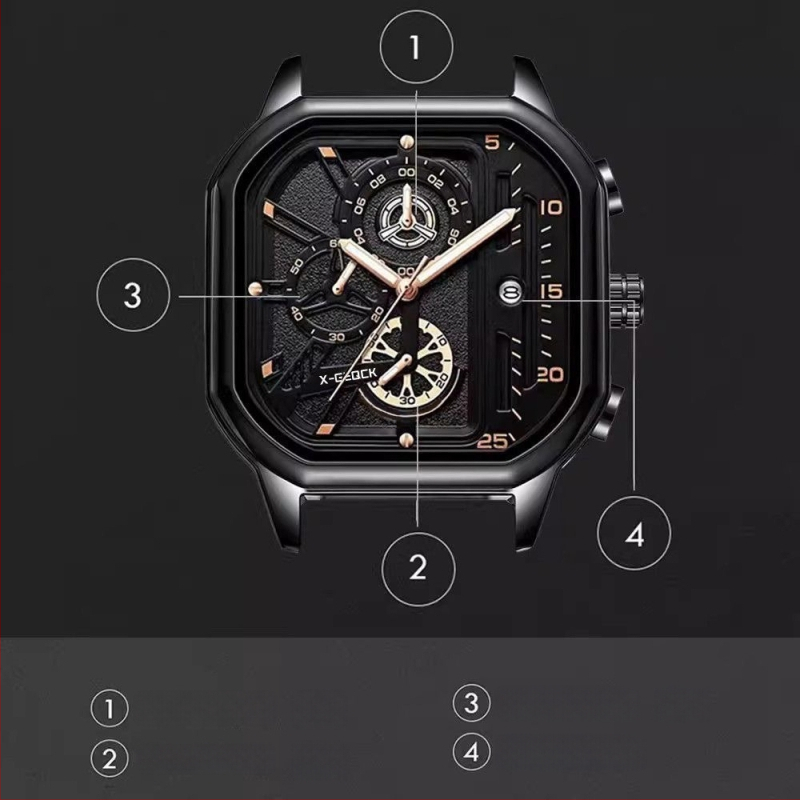 Férfi kvarc karóra rozsdamentes acélból, négyszögletes számlap, 47 mm, 12 mm vastagság, kvarcos mechanizmus, világító dial, 10 m vízállóság, többfunkciós