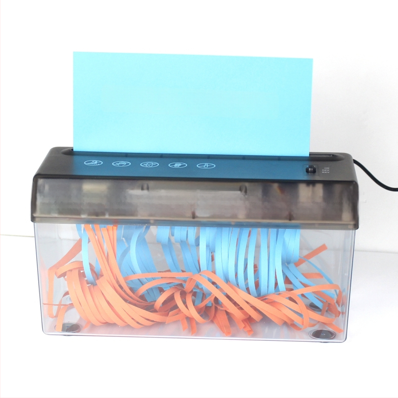USB dvostruko korišten električni mini stolni rezac papira u trake A4, 5 mm trake, 9V, 10.8W, spremnik 2.6 L, dimenzije 275×118×148 mm, težina 0.9 kg