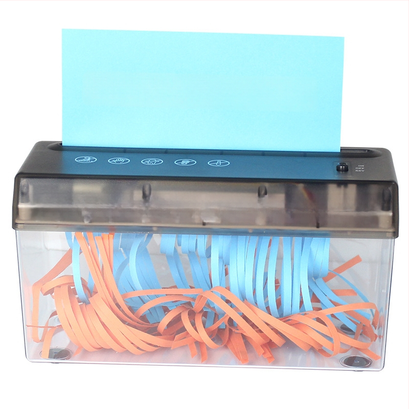 USB dvostruko korišten električni mini stolni rezac papira u trake A4, 5 mm trake, 9V, 10.8W, spremnik 2.6 L, dimenzije 275×118×148 mm, težina 0.9 kg