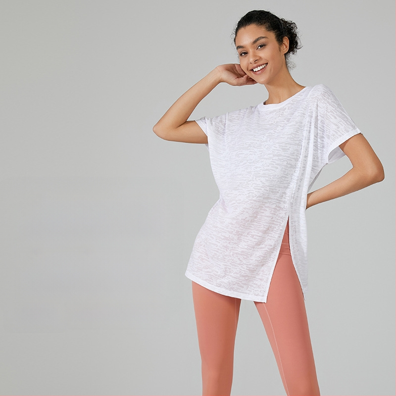 Nova opuštena joga bluza, tanko dišući sportski top, brzo sušeći kratkih rukava za žene