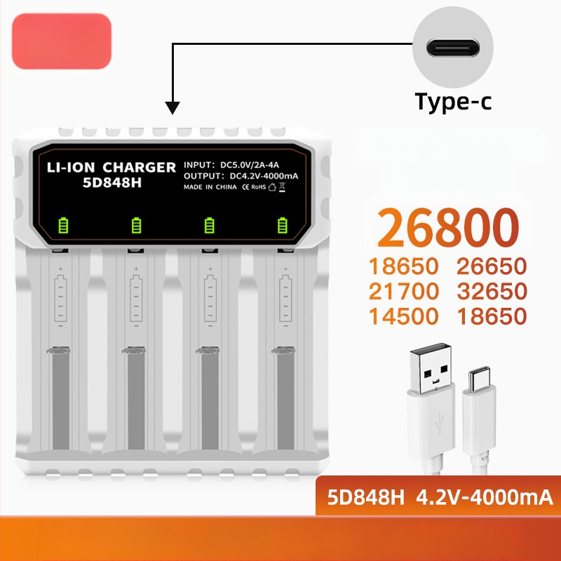 Punjač za litij baterije 26650, 18650, 26800 i 21700 — inteligentni punjač s četiri utora, Type-C priključak