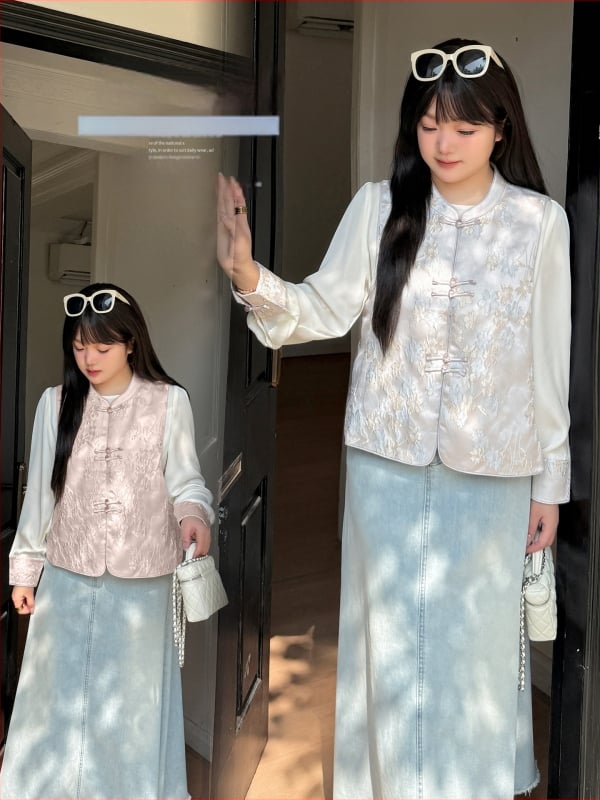 Inno Plus-Size îmbrăcăminte pentru femei în stil chinezesc nou, set Jacquard vestă cu cămașă, primăvara 2026, set din două piese, cod 313073
