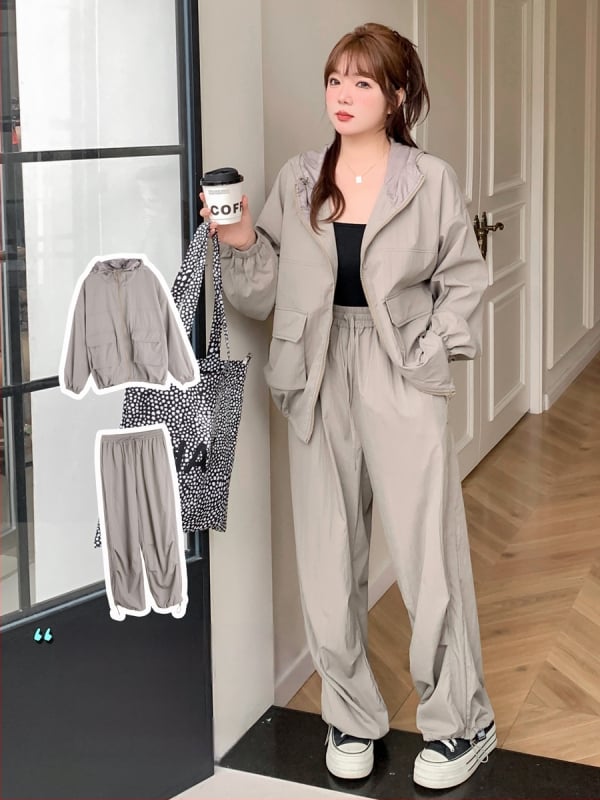 K2677 Hanorac cu glugă pentru primăvară-toamnă și pantaloni cargo, set de două piese pentru femei plus size