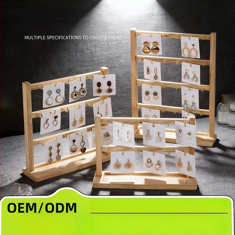 Drveni stalak za naušnice s kukicama – minimalistički četverostruki 3D izložbeni stalak za nakit (narukvice, prsteni i ogrlice)