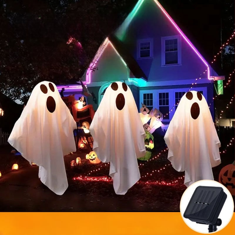 Solárna lampička s bielym duchom na vonkajšie použitie – dekorácia na Halloween, reťaz svetiel na trávnik