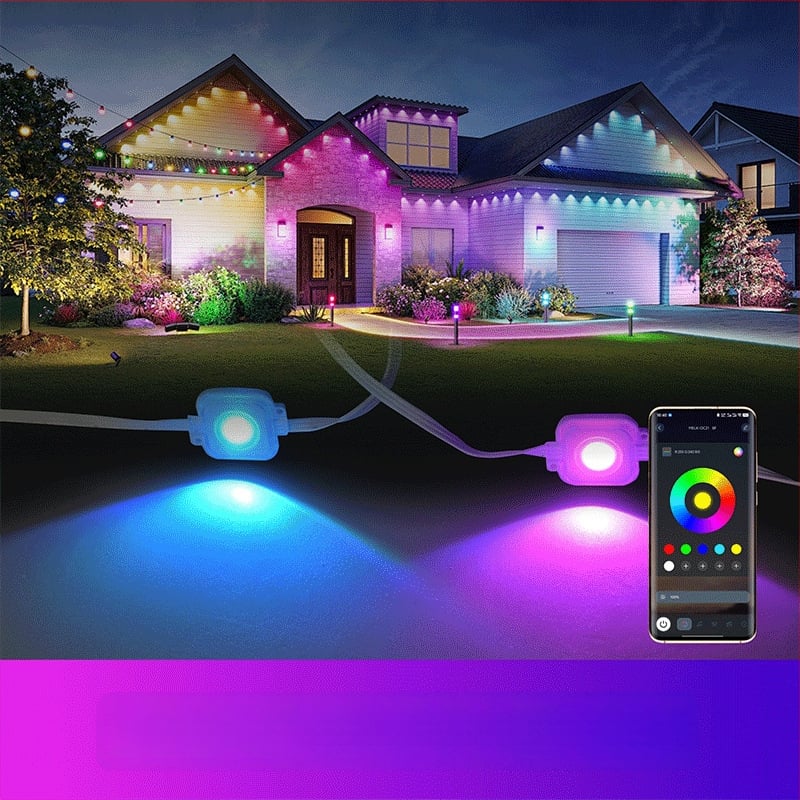 Bluetooth RGB LED reťaz svetiel na rímsu a dvore — farebné ambientné osvetlenie