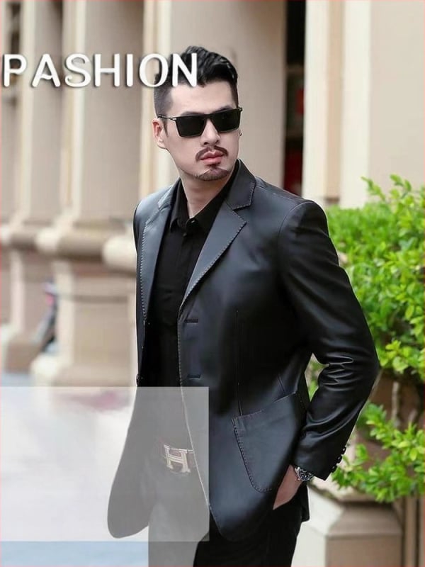 Pánska PU kožená bunda, business casual štýl, voľný strih, sakový golier, zapínanie na jeden rad gombíkov, patch vrecká, zaoblený lem