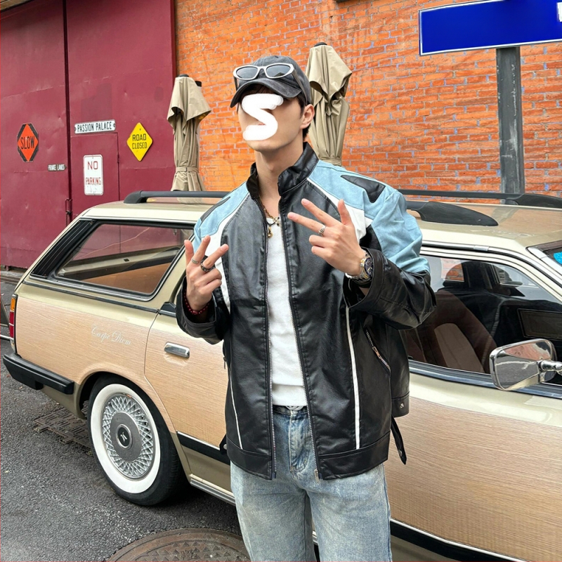 PU kožená bunda pre mužov – jarno-jesenná sezóna, voľný strih, kontrastné farby, zips, stojatý golier, retro americký biker štýl