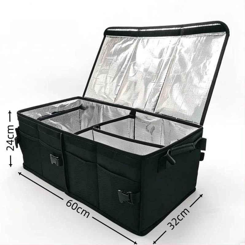 Skladací veľký úložný box do batožinového priestoru auta s izoláciou na potraviny, objem 50 l, rozmery 60×32×24 cm, materiál Oxford tkanina.