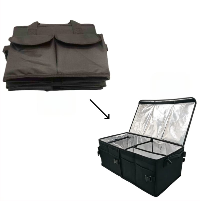 Skladací veľký úložný box do batožinového priestoru auta s izoláciou na potraviny, objem 50 l, rozmery 60×32×24 cm, materiál Oxford tkanina.
