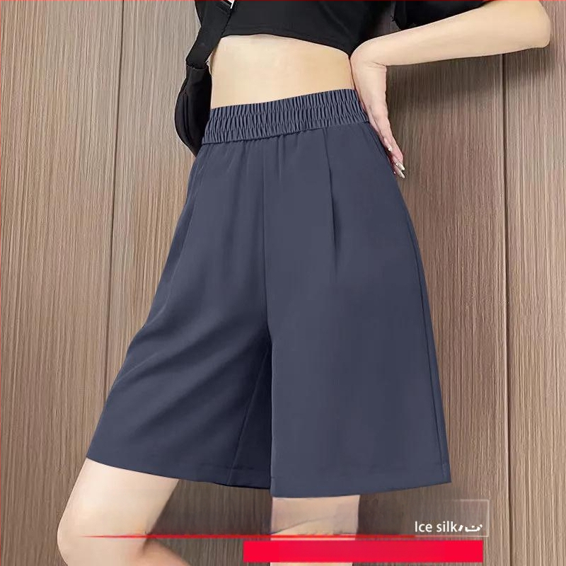 Plus size Dámske capri šortky s vysokým pásom z ice silk, letné, ľahké, voľné, elastický pás