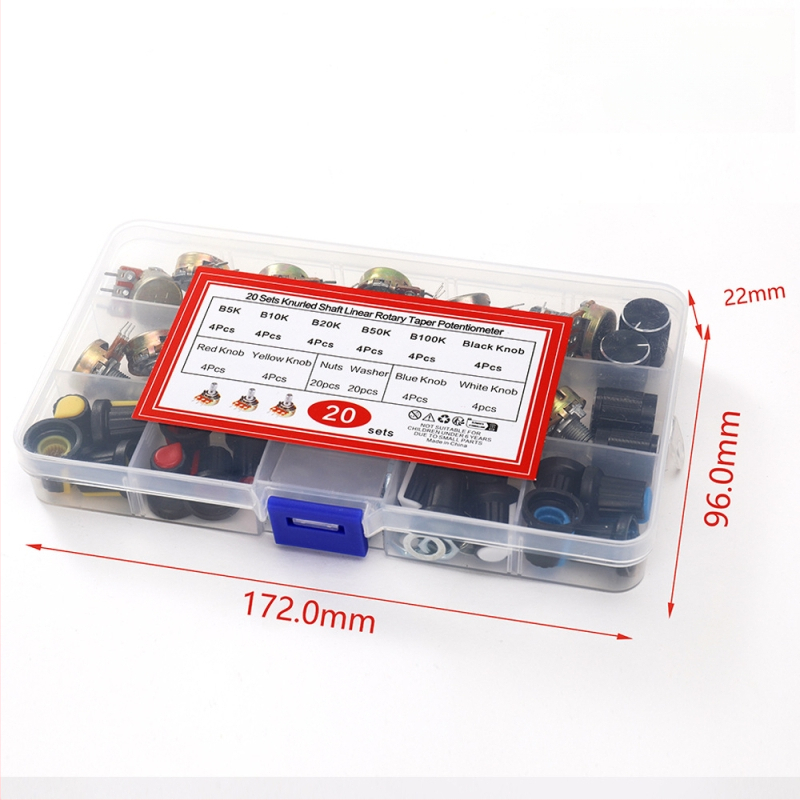 20 darab WH148 potenciométer kapcsoló, 15 mm, B5K/10K/20K/50K/100K, gombbal, dobozban
