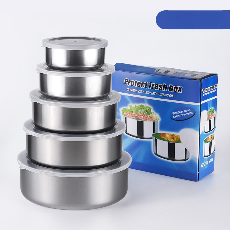 Съдове от неръждаема стомана за хранителни продукти, кръгли, комплект от 5 части със капаци, херметично затваряне, прозрачни