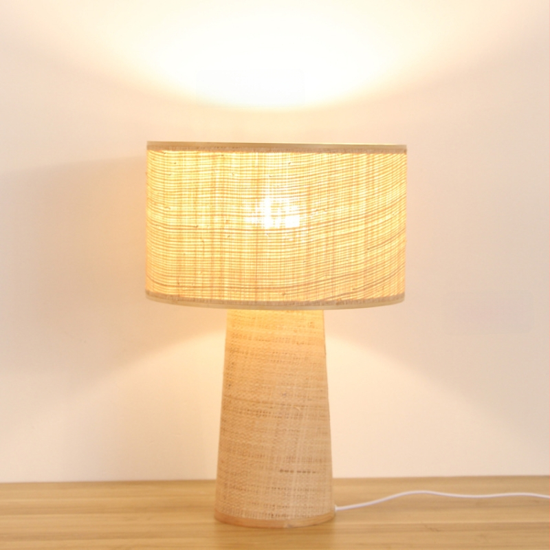 Stolná lampa z raffie v štýle Wabi-Sabi, s bambusovou základňou, LED, vhodná do obývačky a spálne