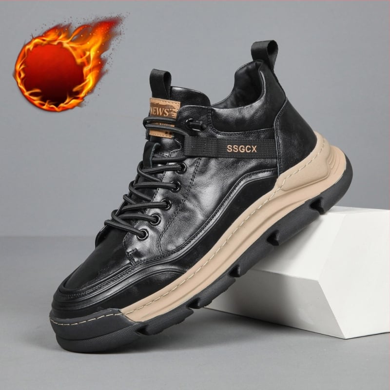 Ανδρικά δερμάτινα sneakers για τον χειμώνα του 2024, με επένδυση φλίς, ψηλό πάνω μέρος, casual στυλ, φαρδιά σόλα