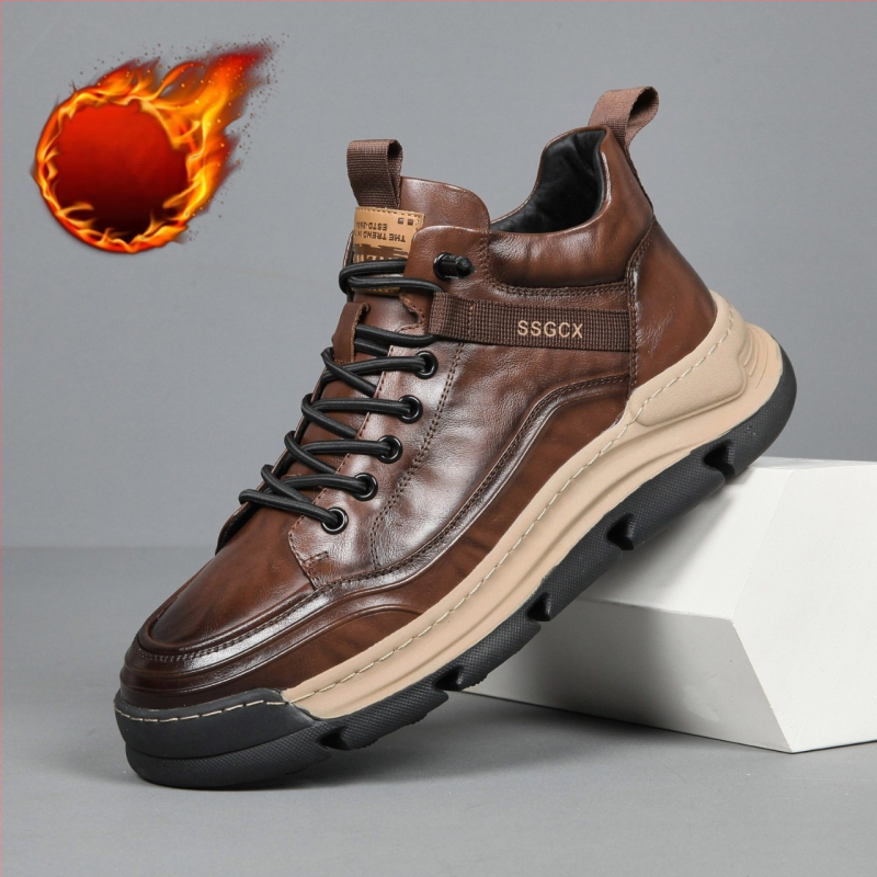 Ανδρικά δερμάτινα sneakers για τον χειμώνα του 2024, με επένδυση φλίς, ψηλό πάνω μέρος, casual στυλ, φαρδιά σόλα