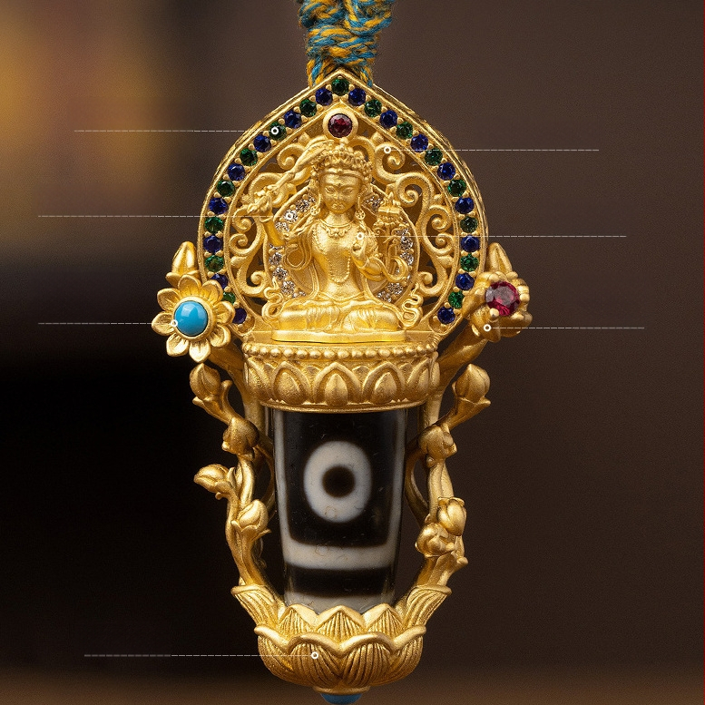 Náhrdelník s Dzi korálkou s deviatimi očami a tibetskou šesťznakovou mantrou, unisex