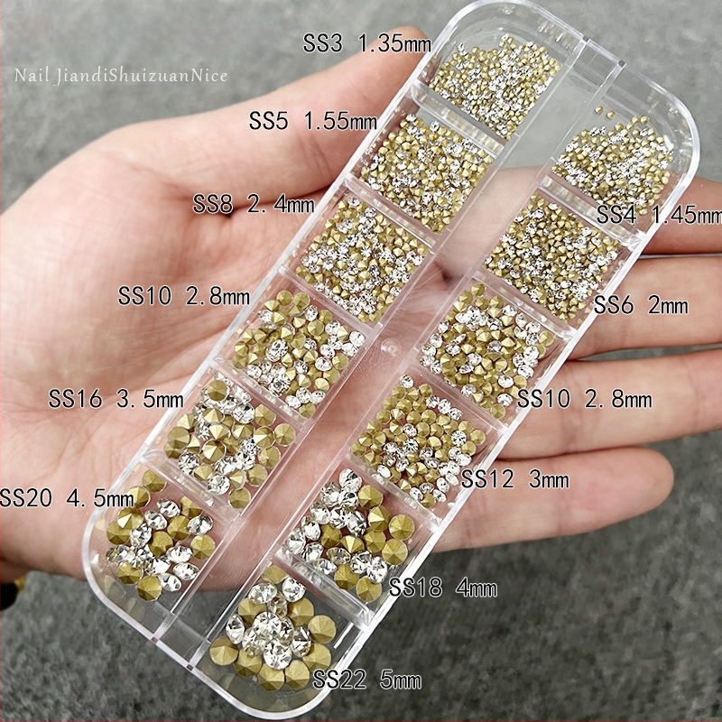 Kónické rhinestones na nechty, krabička s 12 priehradkami, ultra lesklé sklenené kamienky, AB duhové farby, jasná biela, na nechty a DIY šperky