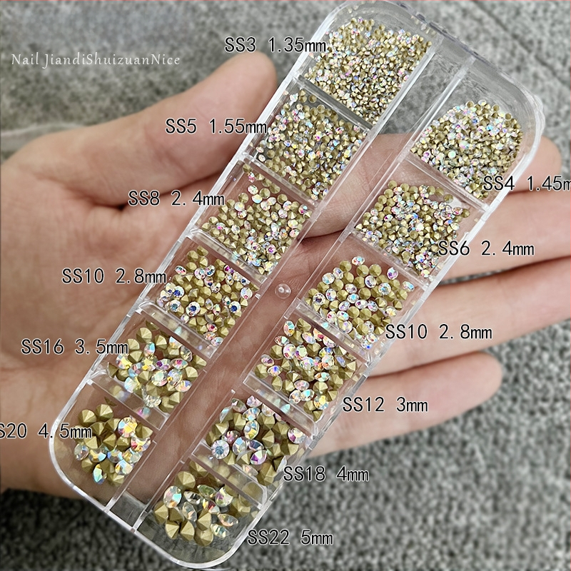 Kónické rhinestones na nechty, krabička s 12 priehradkami, ultra lesklé sklenené kamienky, AB duhové farby, jasná biela, na nechty a DIY šperky