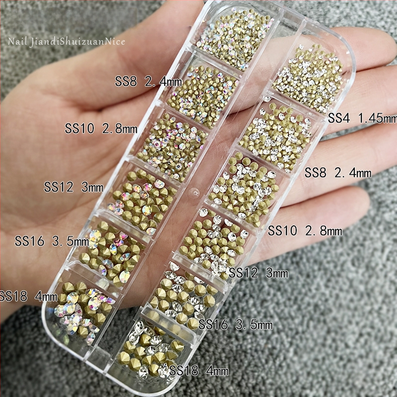Kónické rhinestones na nechty, krabička s 12 priehradkami, ultra lesklé sklenené kamienky, AB duhové farby, jasná biela, na nechty a DIY šperky