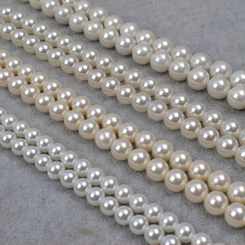Perle din sticlă imitând scoică, albe, 8 mm, mărgele cu gaură dreaptă, pe un șir de 40 cm pentru bijuterii DIY, semifabricate, 650 culori