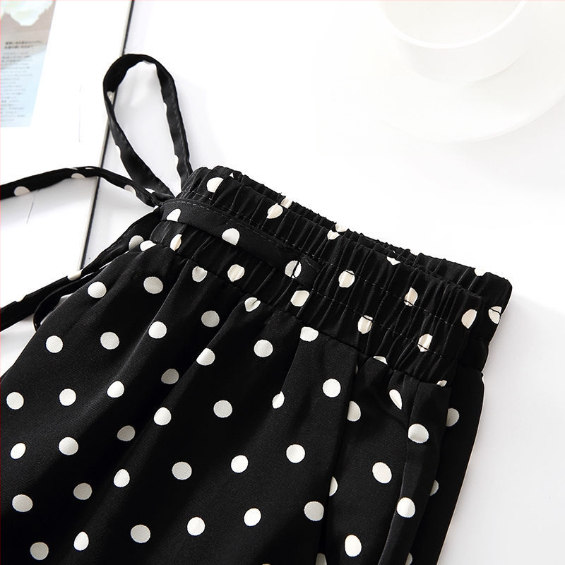 Dámske široké nohavice s bodkami z ice silk, ľahký materiál, vysoký pás, drapované, voľné, šifón