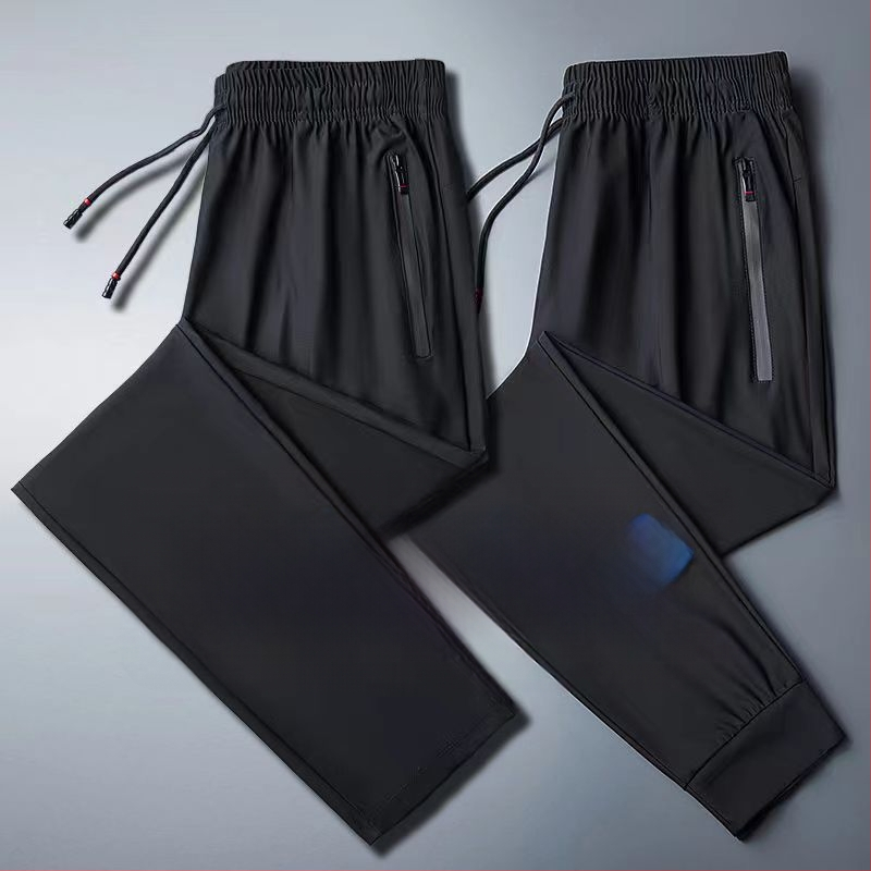 Pánske dlhé športovo-casual nohavice z nylonu Ice Silk, ľahké, rýchloschnúce, elastické, s vreckami na zips a opaskom