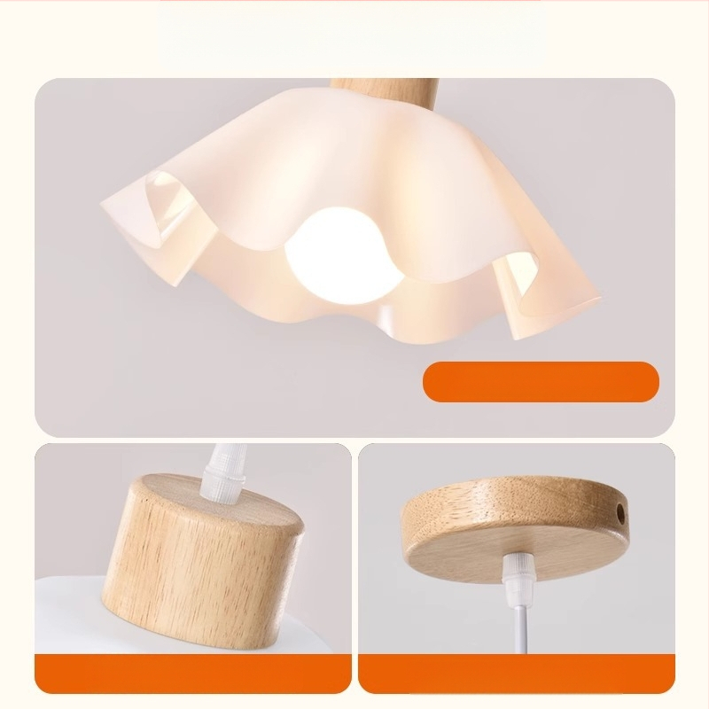 Krém színű, faanyagból készült csillár, modern minimalista stílus, petal alakú forma, egyfejű