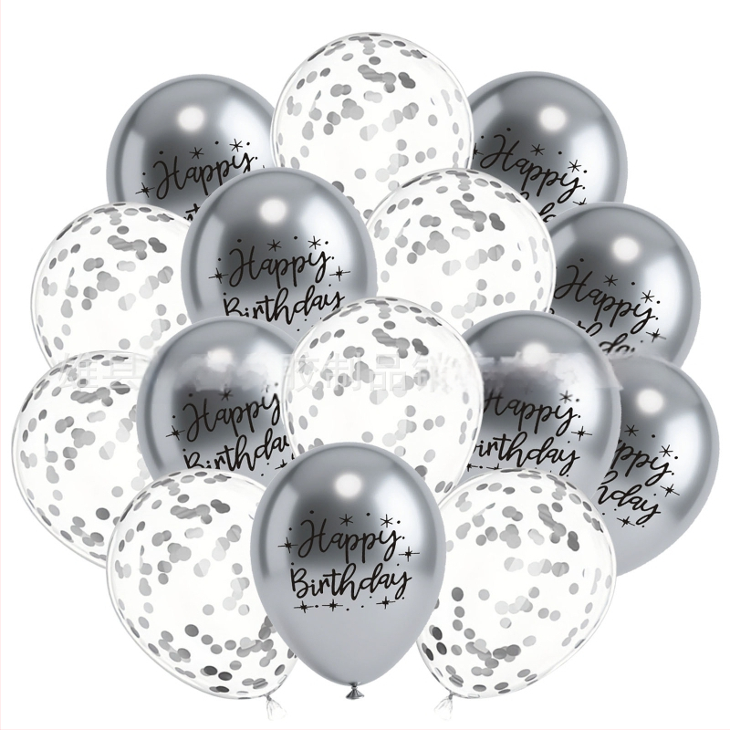 12-palcové latexové balóny s kovovým potlačou 'Happy Birthday' – strieborné, na oslavu