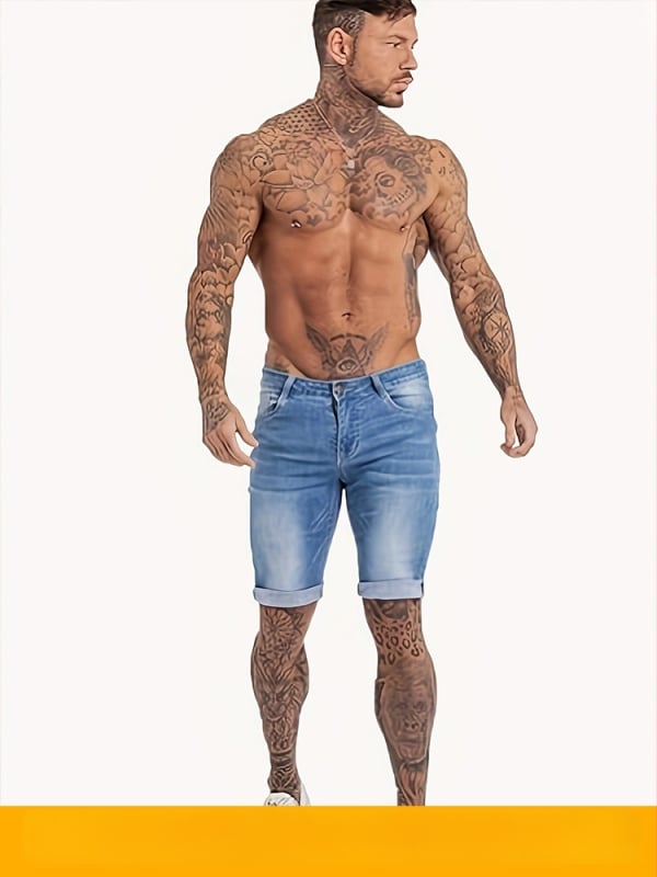 Férfi denim capri nadrág, elasztikus derekú, egyenes szabású, farmer