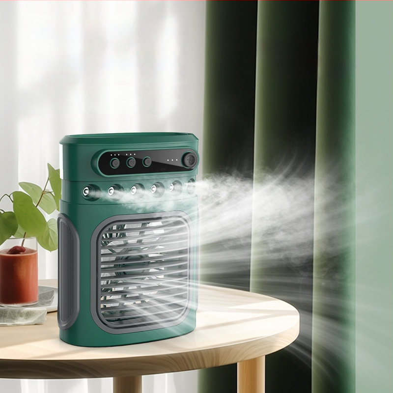 Stolný kompaktný ventilátor s chladiacim sprejom a zvlhčovačom, možnosť použitia ľadových kociek, nabíjanie Type-C